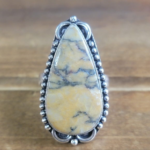 Womens Size 6 Adjustable Ring Yellow Feather Jasper 925 Silver Jewelry Boho - Picture 1 of 3
